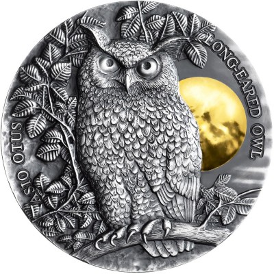 Niue Island LONG-EARED OWL series WILDLIFE IN THE MOONLIGHT $5 Silver Coin Antique finish Ultra High Relief 2019 Gold plated 2 oz